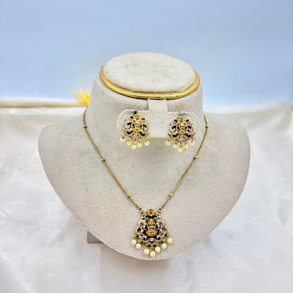 Antique Gold Lakshmi Temple Necklace Set with Pearl Drops
