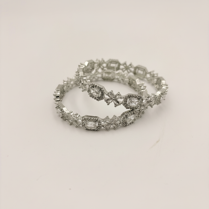 Premium Silver CZ Bangles – Emerald-Cut & Floral Stone Designer Bangle Set