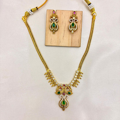 Antique Gold Finish Necklace Set with Green & Pink Stones