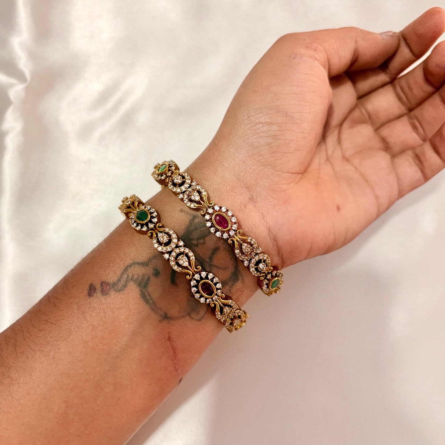 Antique CZ Designer Kada Bangles (Pair) – Ruby & Emerald Stone Work