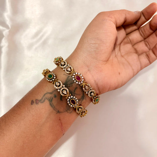 Antique CZ Designer Kada Bangles (Pair) – Ruby & Emerald Stone Work