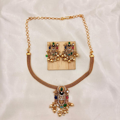 Antique Multicolour Temple Choker Set with Pearls & Jhumka Earrings | Bridal Jewellery