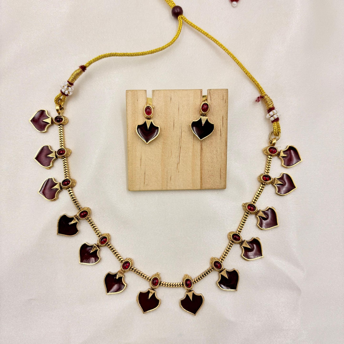 Gold-Plated Maroon Heart-Drop Necklace Set with Earrings | Traditional Enamel Jewellery