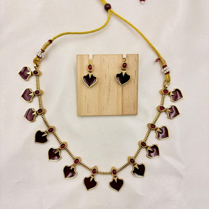 Gold-Plated Maroon Heart-Drop Necklace Set with Earrings | Traditional Enamel Jewellery