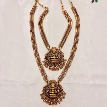 Antique Gold Beaded Dual Haram Lakshmi Pendant Necklace Set with Jhumkas