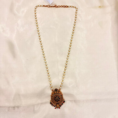 Antique Gold Pearl Long Necklace Set with Pendant & Matching Earrings
