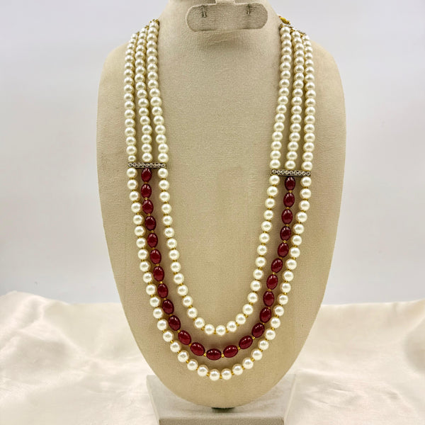 Classic Double-Layer Pearl Necklace with Ruby Red Beads