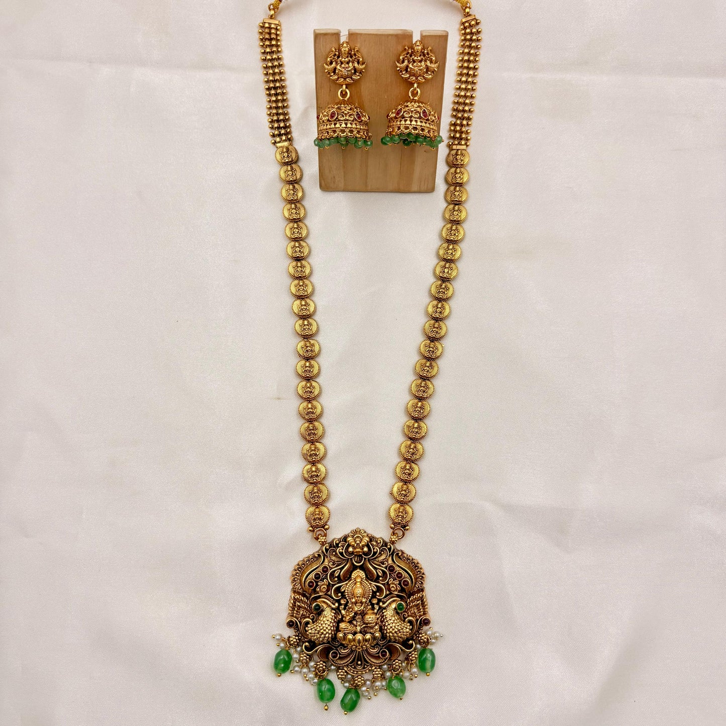Antique Gold Lakshmi Kasu Mala with Green Bead Drops & Temple Jhumka Earrings | Bridal Temple Jewelry Set