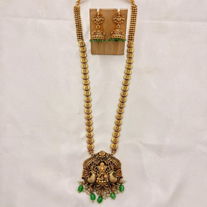 Antique Gold Lakshmi Kasu Mala with Green Bead Drops & Temple Jhumka Earrings | Bridal Temple Jewelry Set