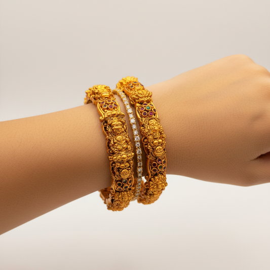 Antique Gold Lakshmi Temple Bangles with Multicolor Stones – Premium South Indian Bangle Set (Set of 2)