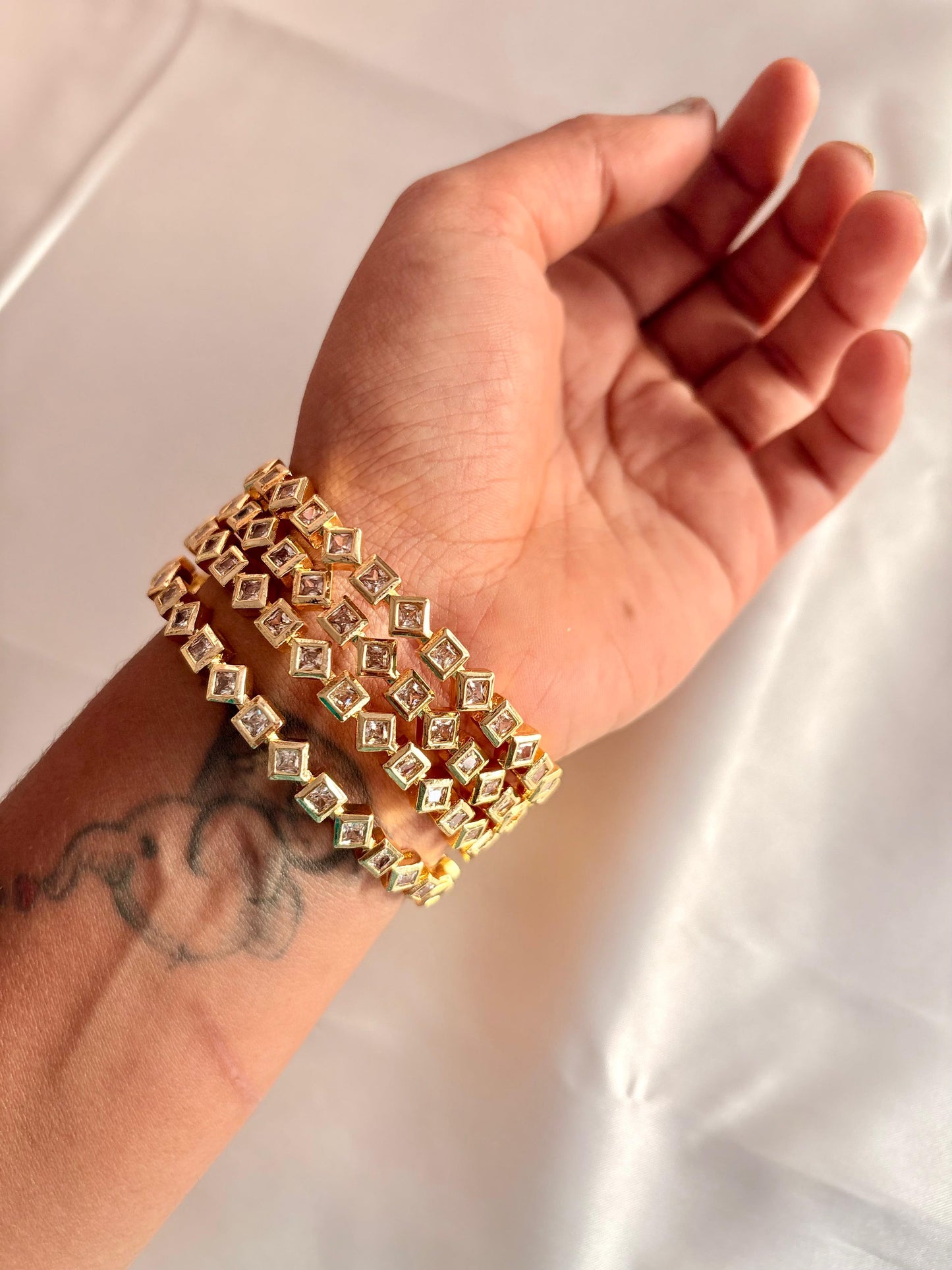 Elegant Gold Plated Square CZ Stone Bangle Set (Pack of 4)