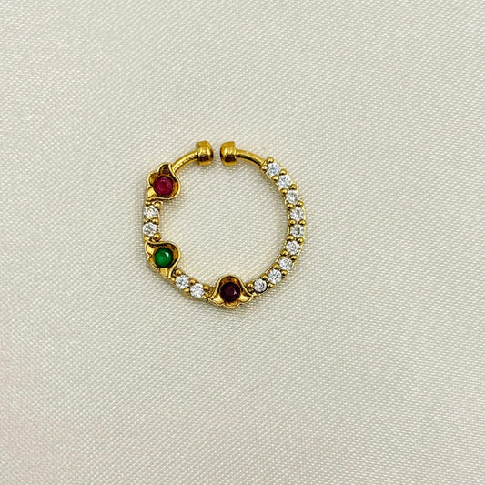 Multi-Colour Stone Circular Nose Pin with White Stones – Gold Finish