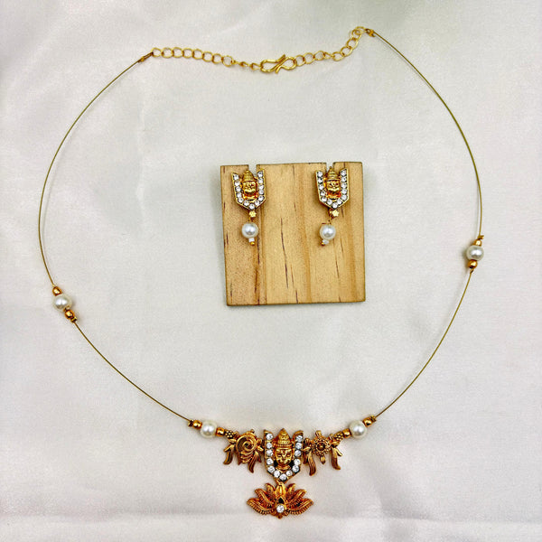 Gold Finish Lakshmi Face Minimal Necklace Set with Pearl Drops