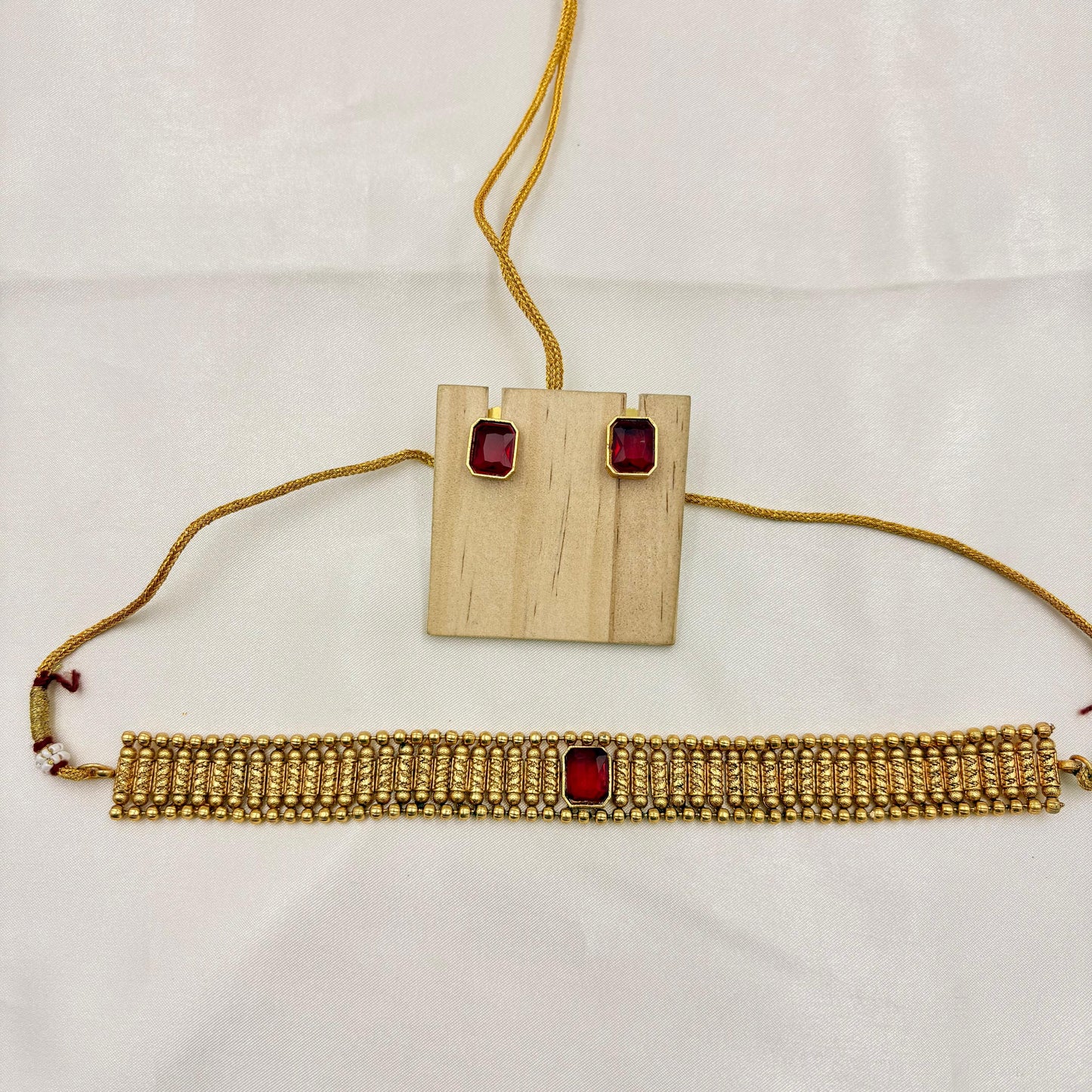 Gold-Plated Ruby Red Stone Choker Necklace Set with Earrings | Minimal Bridal & Festive Jewellery