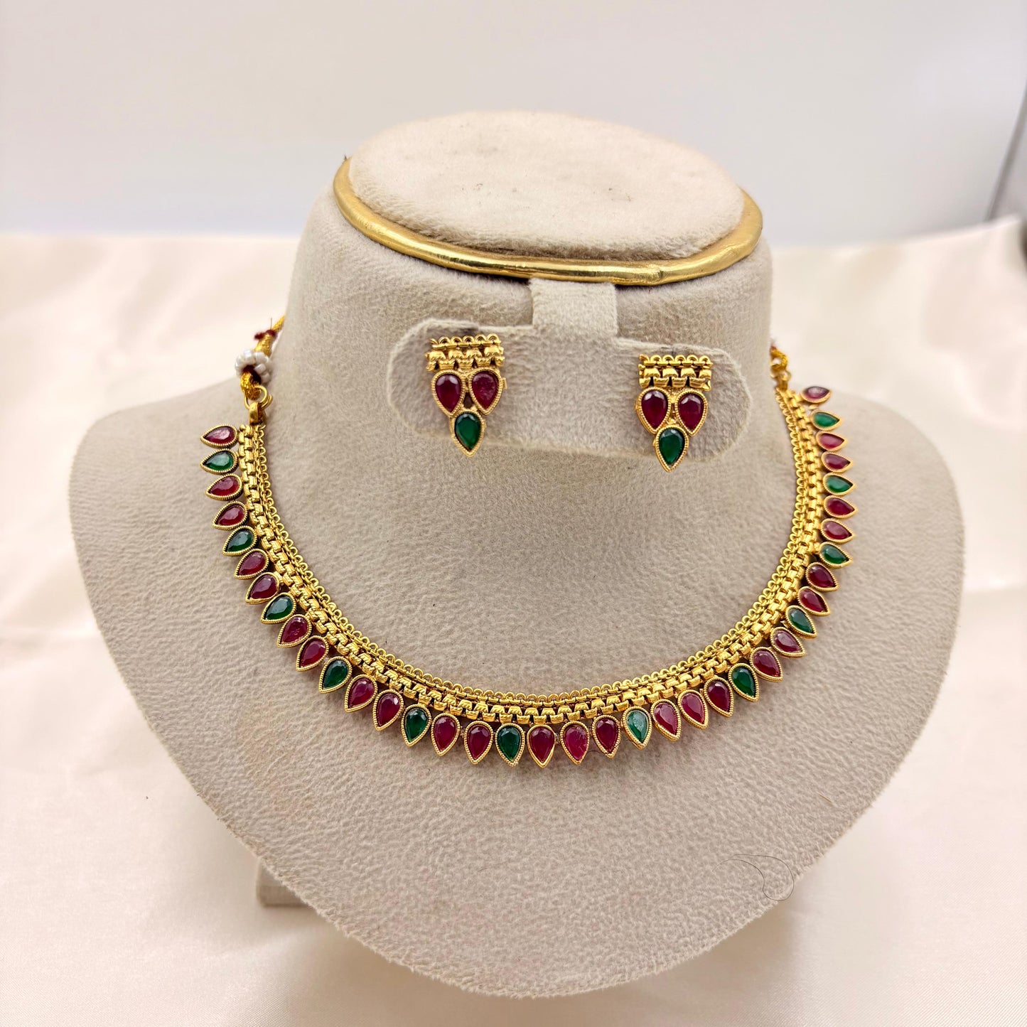 Ruby & Emerald Enamel Teardrop Necklace Set | Traditional Lightweight Jewellery