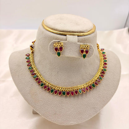 Ruby & Emerald Enamel Teardrop Necklace Set | Traditional Lightweight Jewellery