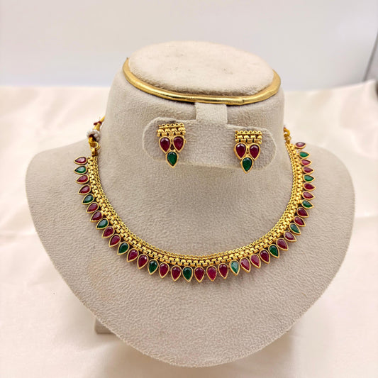 Ruby & Emerald Enamel Teardrop Necklace Set | Traditional Lightweight Jewellery