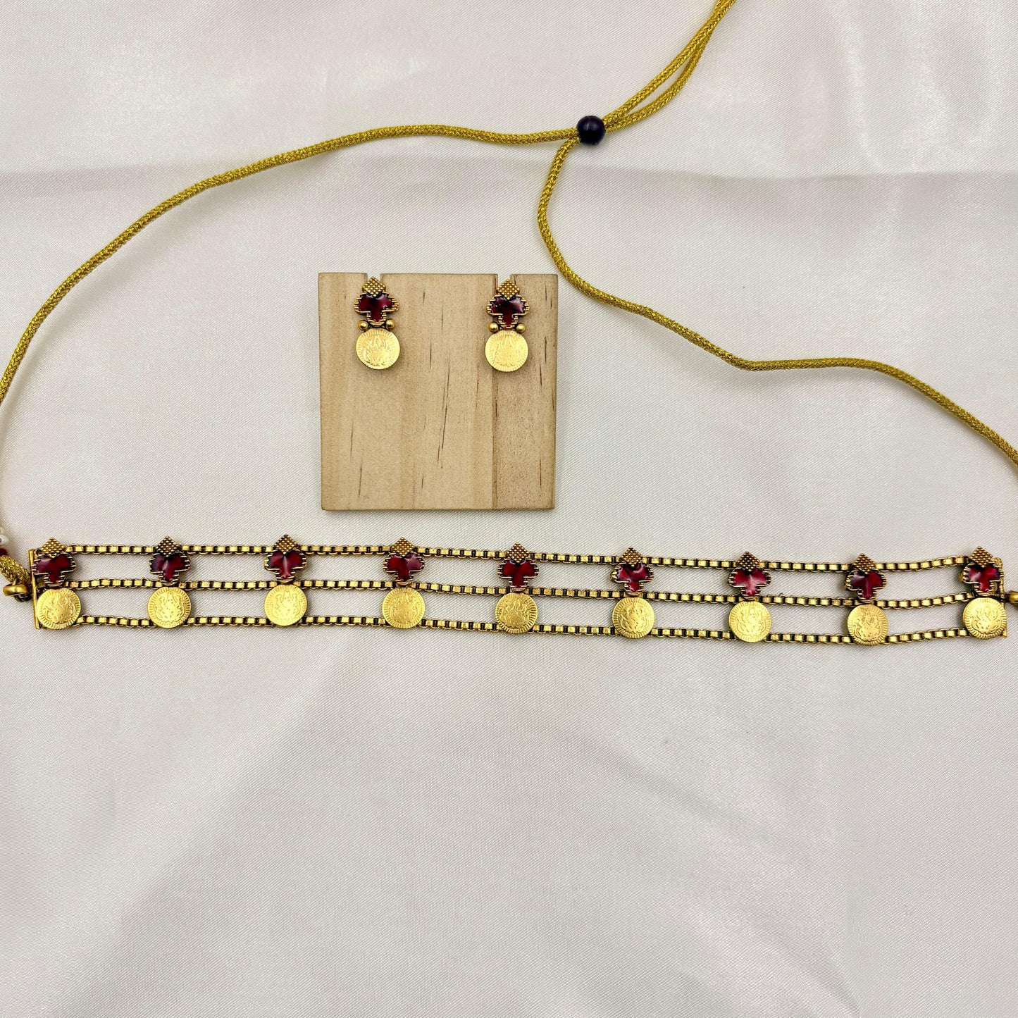 Traditional Multi-Layer Coin Choker Set with Red Stones | Antique Gold Finish