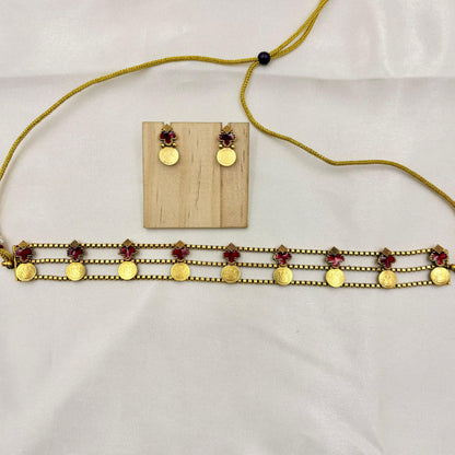 Traditional Multi-Layer Coin Choker Set with Red Stones | Antique Gold Finish