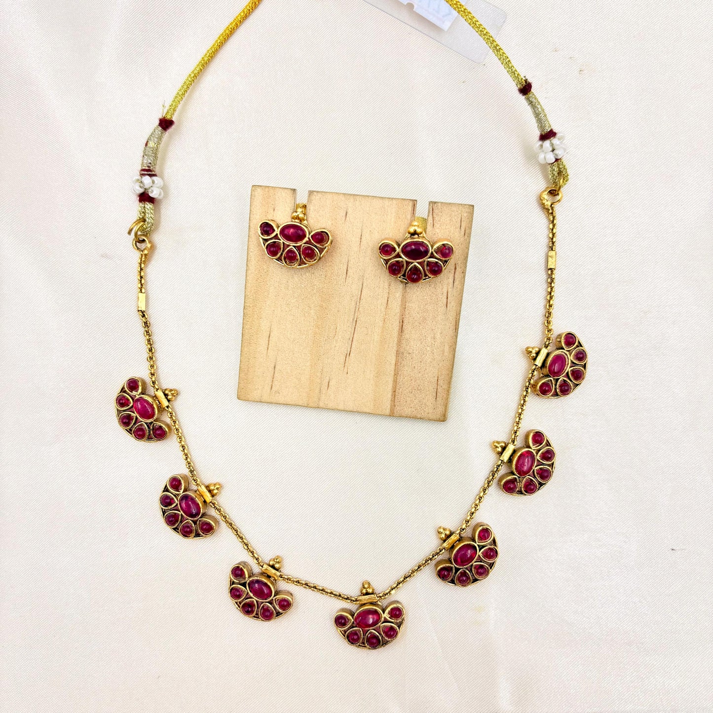 Antique Gold Finish Ruby Stone Short Necklace Set with Matching Stud Earrings