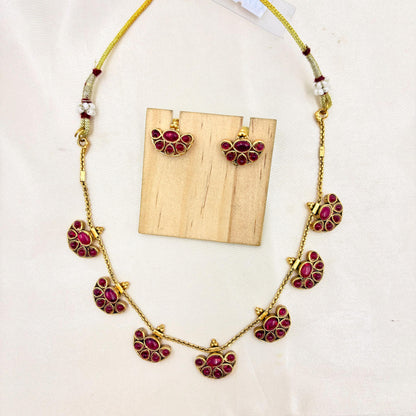 Antique Gold Finish Ruby Stone Short Necklace Set with Matching Stud Earrings