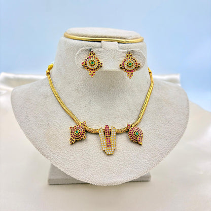 Antique Gold CZ Short Necklace Set with Ruby & Emerald Accents
