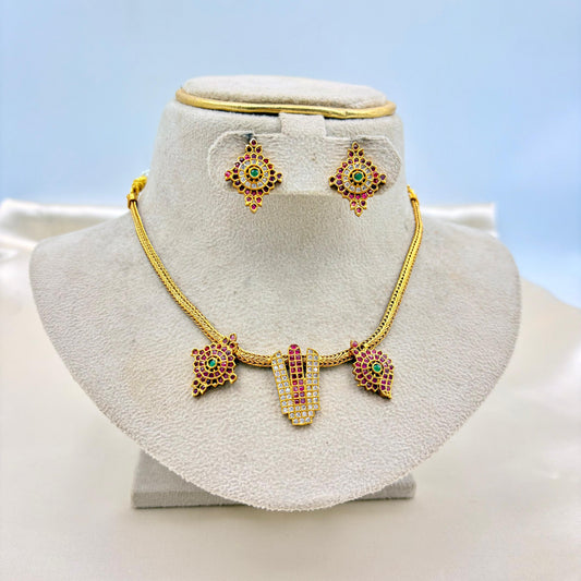Antique Gold CZ Short Necklace Set with Ruby & Emerald Accents