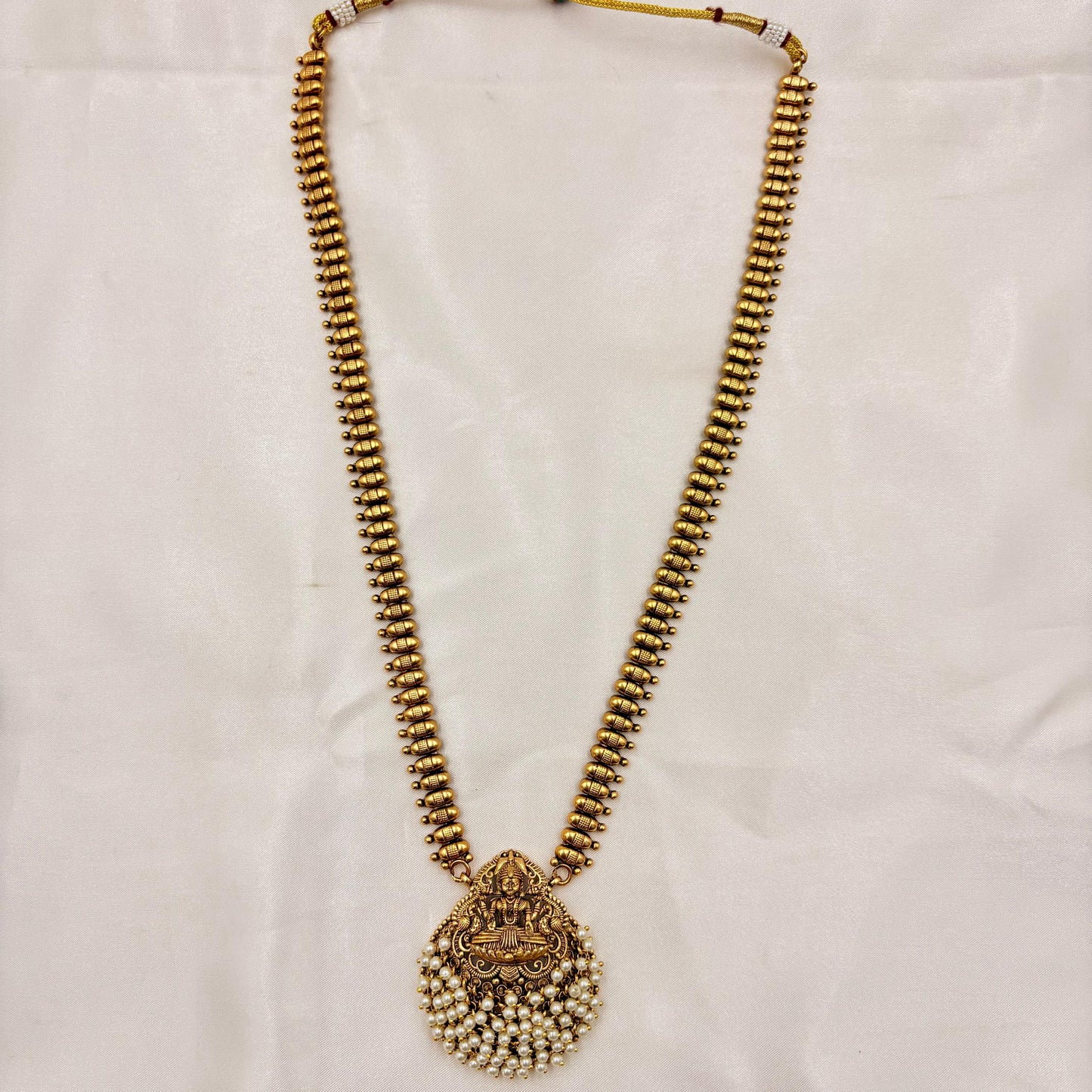 Traditional Long Lakshmi Kasu Mala with Pearl Cluster Pendant & Jhumka Set