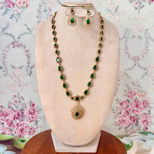 Emerald Green Teardrop Long Necklace Set with Pearl Pendant & Matching Earrings