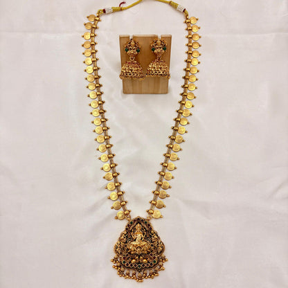 Traditional Long Lakshmi Kasu Mala with Pearl Cluster Pendant & Jhumka Set