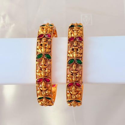Gold-Plated Lakshmi Temple Bangles with Ruby & Green Stones – Traditional South Indian Bridal Bangles