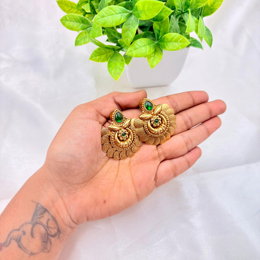 Antique Gold Coin Temple Earrings with Green Stones