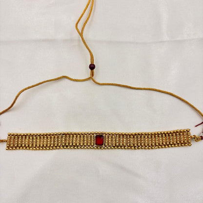 Gold-Plated Ruby Red Stone Choker Necklace Set with Earrings | Minimal Bridal & Festive Jewellery