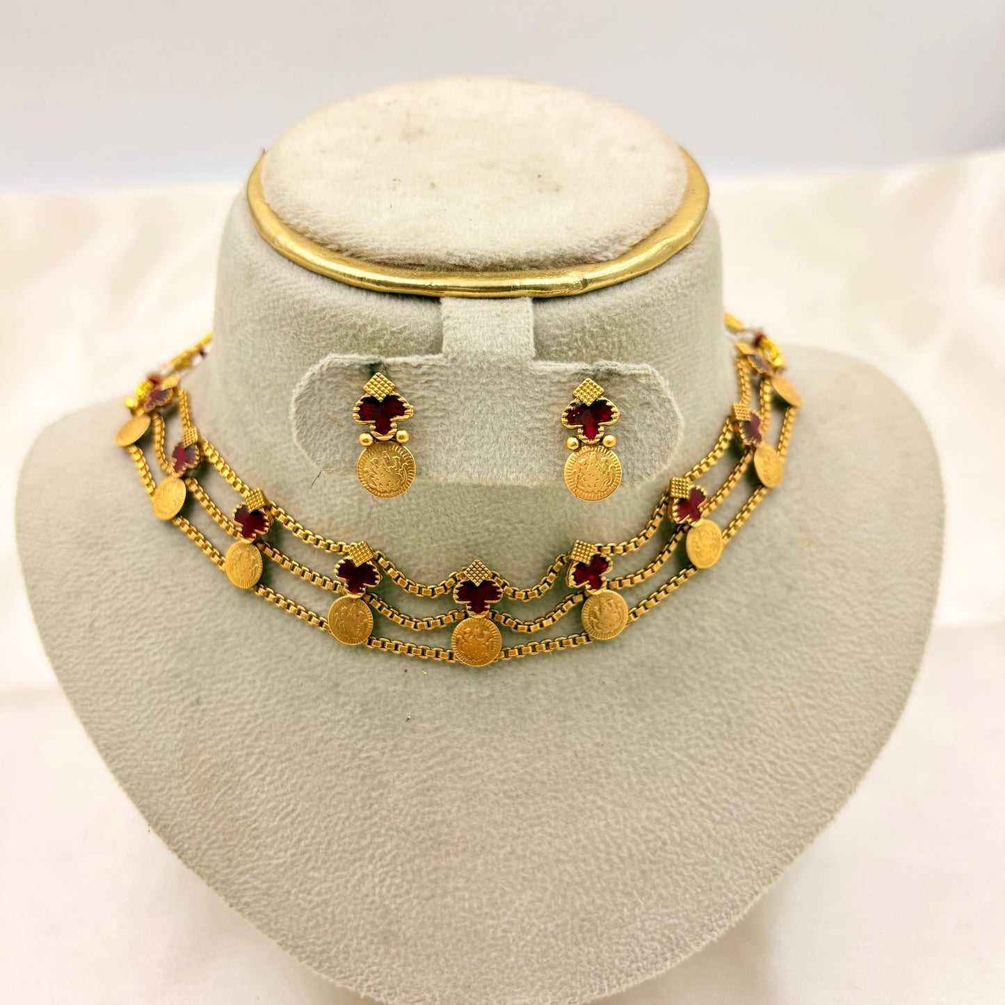 Traditional Multi-Layer Coin Choker Set with Red Stones | Antique Gold Finish