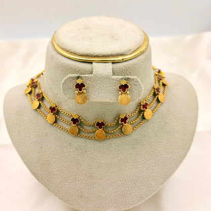 Traditional Multi-Layer Coin Choker Set with Red Stones | Antique Gold Finish