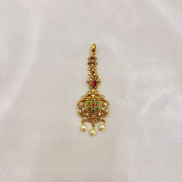 Gold-Plated CZ Maang Tikka with Ruby–Green Center & Pearl Drops | Bridal & Festive Wear