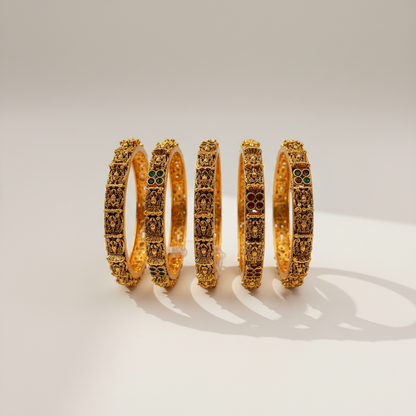 Antique Gold Temple Bangles with Ruby & Emerald Stones – Intricately Carved South Indian Bangle Set (Set of 4)