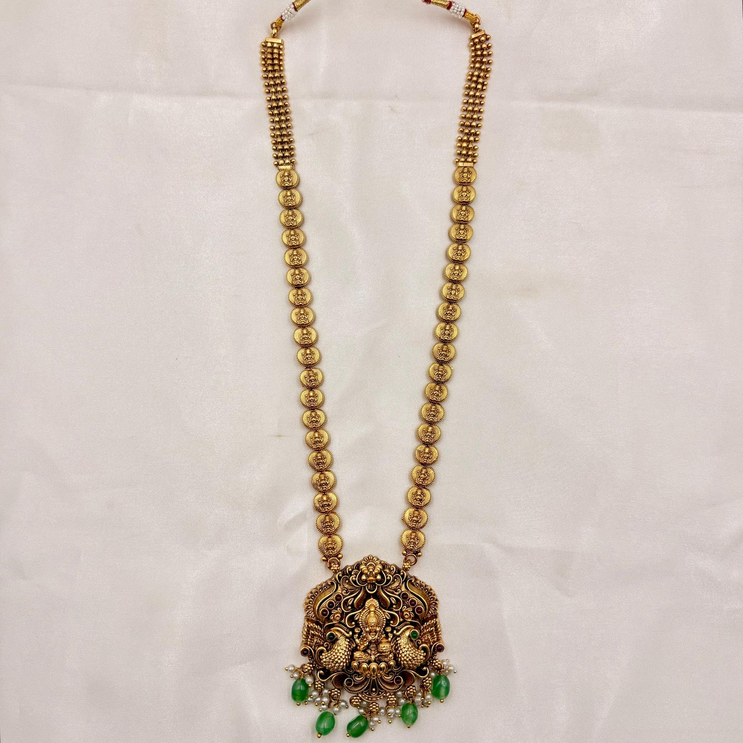 Antique Gold Lakshmi Kasu Mala with Green Bead Drops & Temple Jhumka Earrings | Bridal Temple Jewelry Set