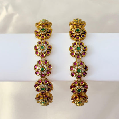 Antique Gold-Plated Floral Ruby & Green Stone Bangles – South Indian Traditional Design (Set of 2)