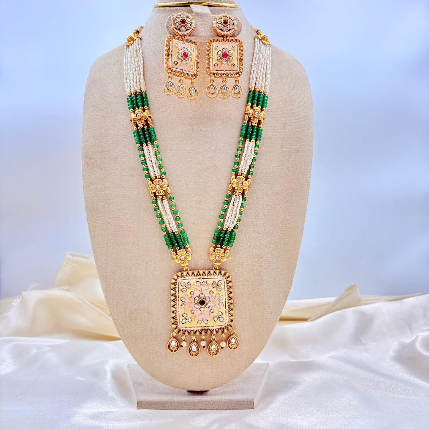 Pearl & Green Bead Long Necklace Set with Square Kundan Pendant