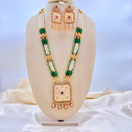 Pearl & Green Bead Long Necklace Set with Square Kundan Pendant