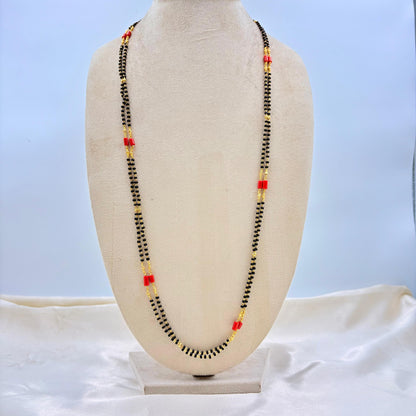 Classic Long Black Beads Mangalsutra with Red Accents – Gold Finish