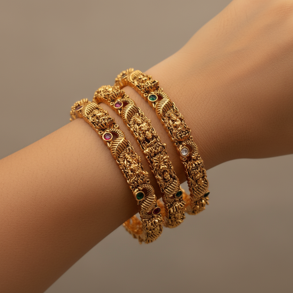 Antique Gold Temple Bangles with Ruby, Emerald & White Stones – Traditional Carved Bangle Set (Set of 4)