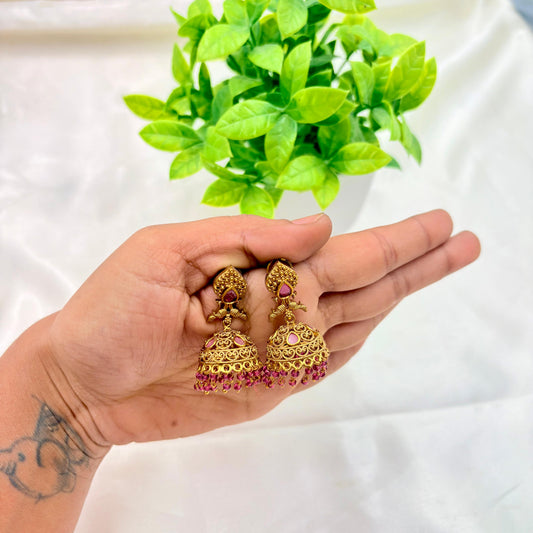 Antique Gold Jhumka Earrings with Pink Stone & Bead Drops