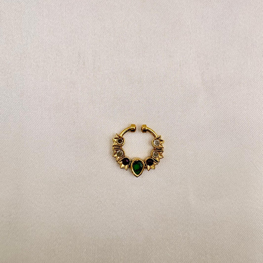 Gold Finish Multistone Nose Pin | Green Center Stone | Non-Piercing Nath | Adjustable Nose Ring