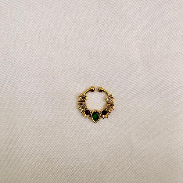 Gold Finish Multistone Nose Pin | Green Center Stone | Non-Piercing Nath | Adjustable Nose Ring