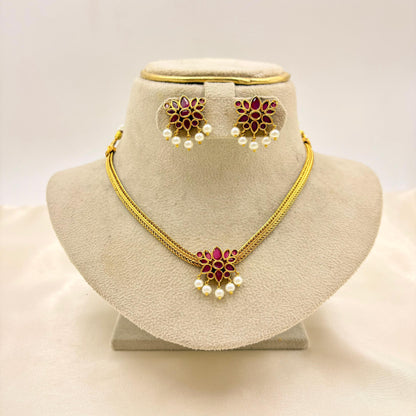 Ruby Floral Pendant Necklace Set with Pearl Drops – Traditional Gold Finish Jewellery