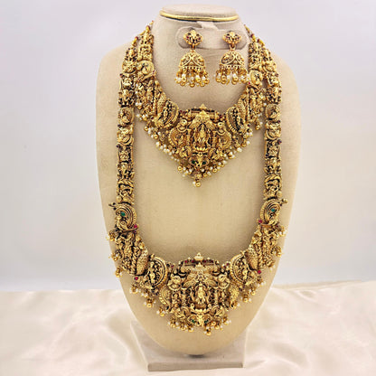Grand Lakshmi Temple Bridal Jewellery Set – Antique Gold Long Haram Necklace with Jhumka Earrings