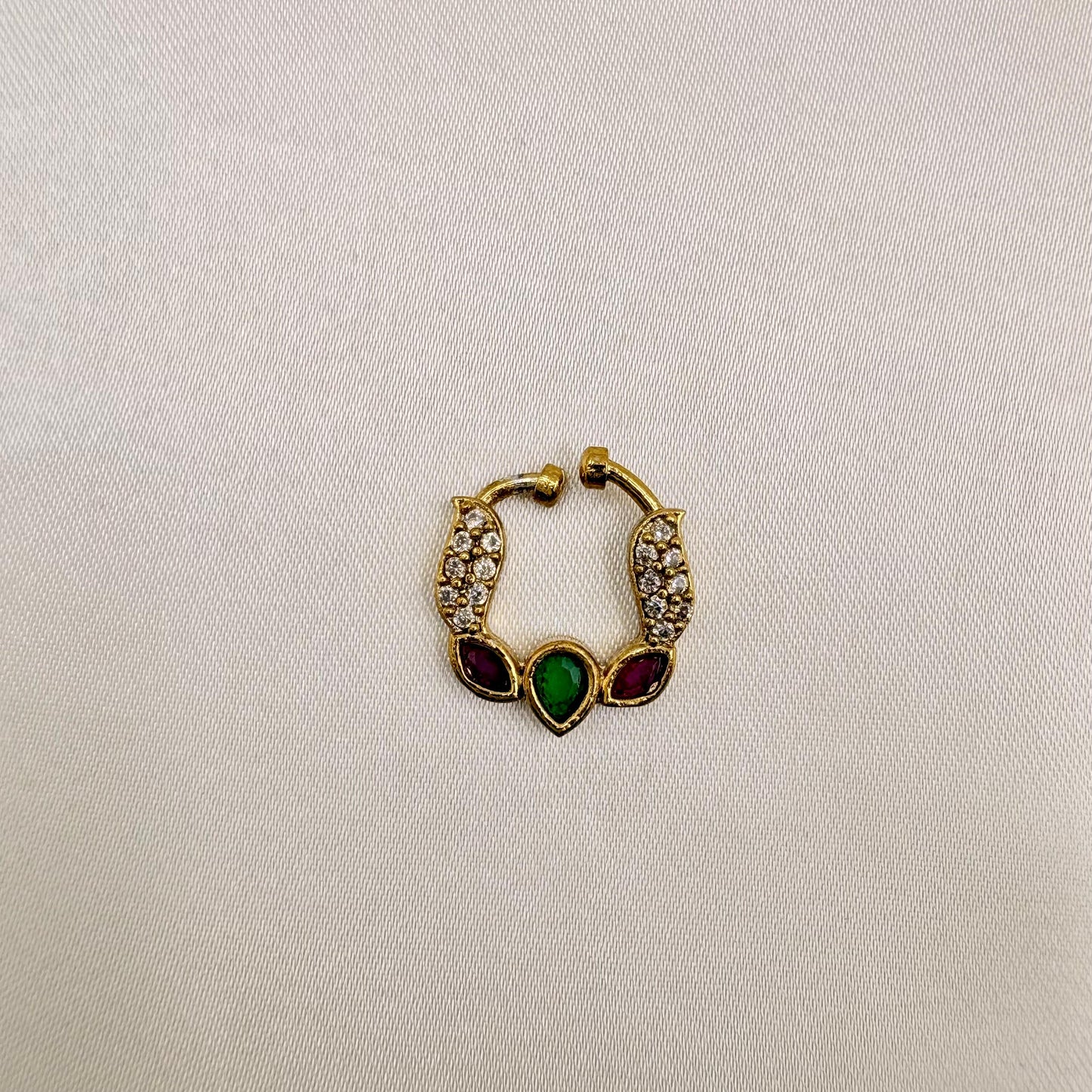 Traditional Stone Studded Nose Pin | Non-Piercing Nath | Green & Pink Stones with CZ Detailing