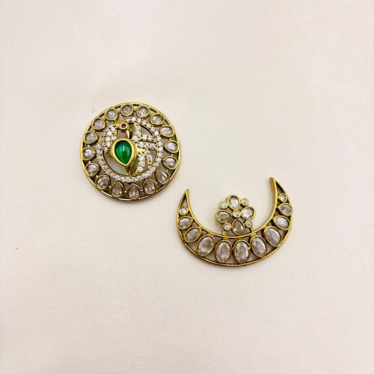 Traditional Sun & Moon CZ Stone Hair Accessories – Antique Gold Temple Jewellery Bridal Hair Pins